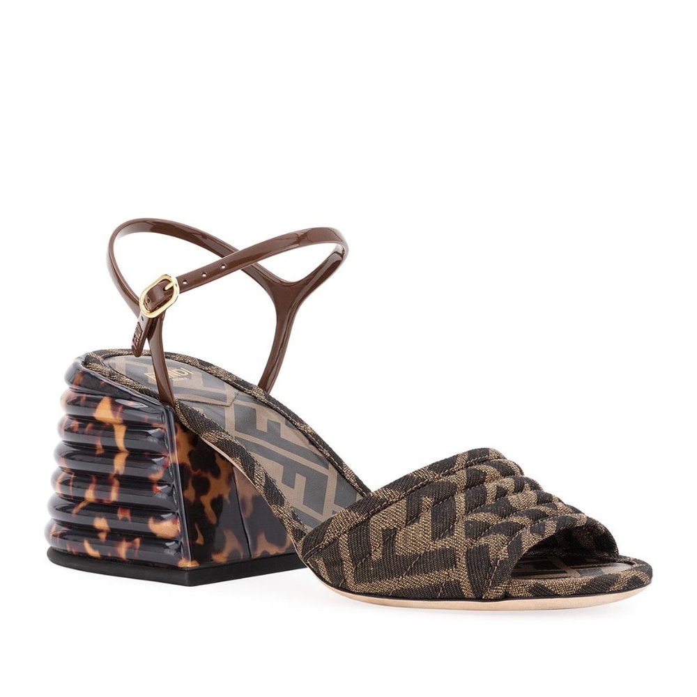 Fendi 'FF' Tortoise Pattern Block-Heel Canvas Logo Sandals (Brown, 7B)